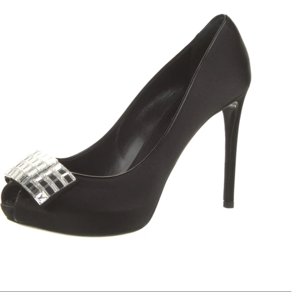 Black Louis Vuitton Music Hall Peep Toe Crystal Bow Satin Pumps